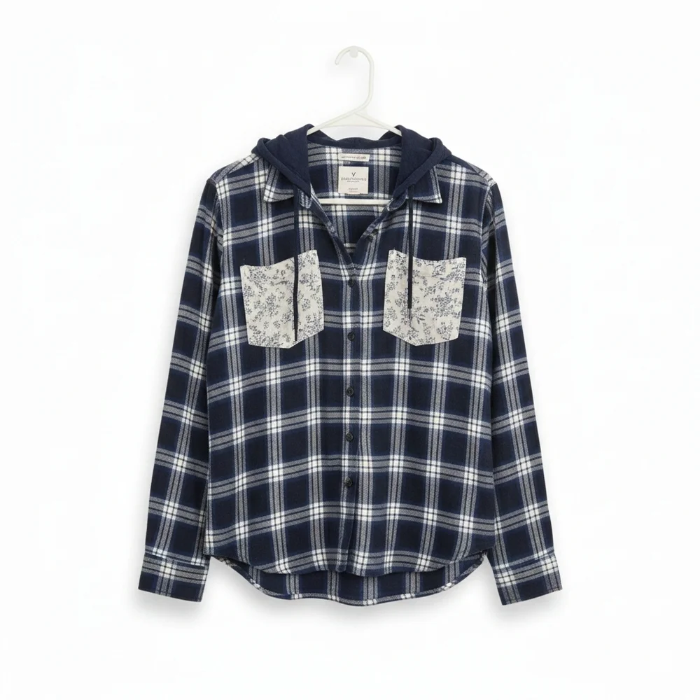 American Eagle Mixed Plaid Hoodie Flannel Shirt Women’s Small - Picture 2 of 6